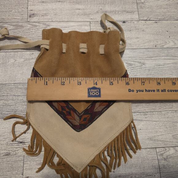 Bloom Brothers Co Beige Tan Leather Drawstring Pouch Western Aztec Fringe USA - Picture 7 of 8